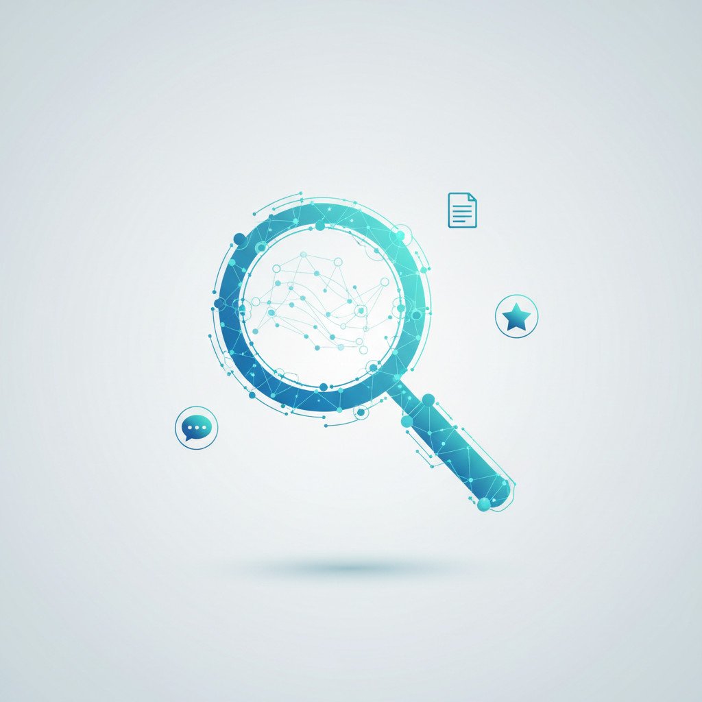 Abstract illustration of a magnifying glass made from interconnected digital nodes with a subtle neural network pattern inside. Small flat icons for chat, document, and review star orbit the lens to suggest AI search signals.