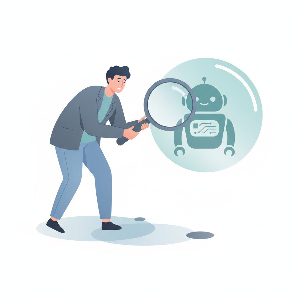 Cautious person examining an AI bubble with a magnifying glass