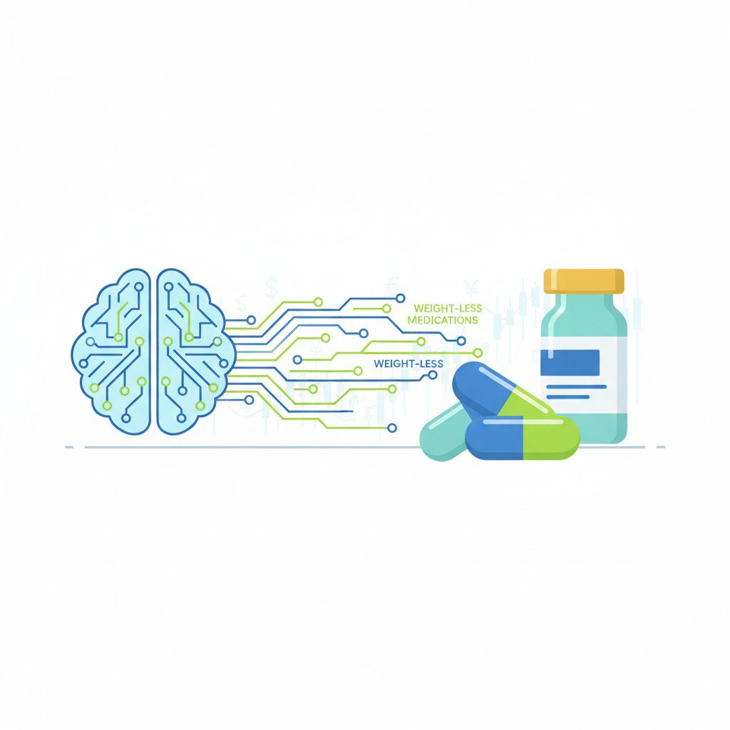 Stylized illustration of an AI neural network connected by flowing data streams to a cluster of pills and a medicine vial, with faint stock market lines in the background to imply economic influence.