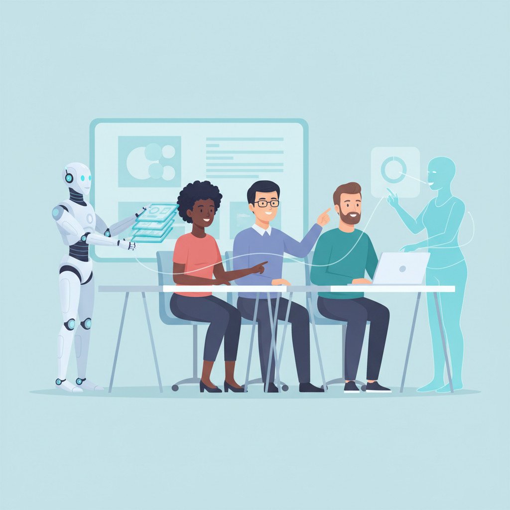 Illustration of diverse humans and AI systems collaborating in an open office, showing a humanoid robot and a holographic assistant working with employees.