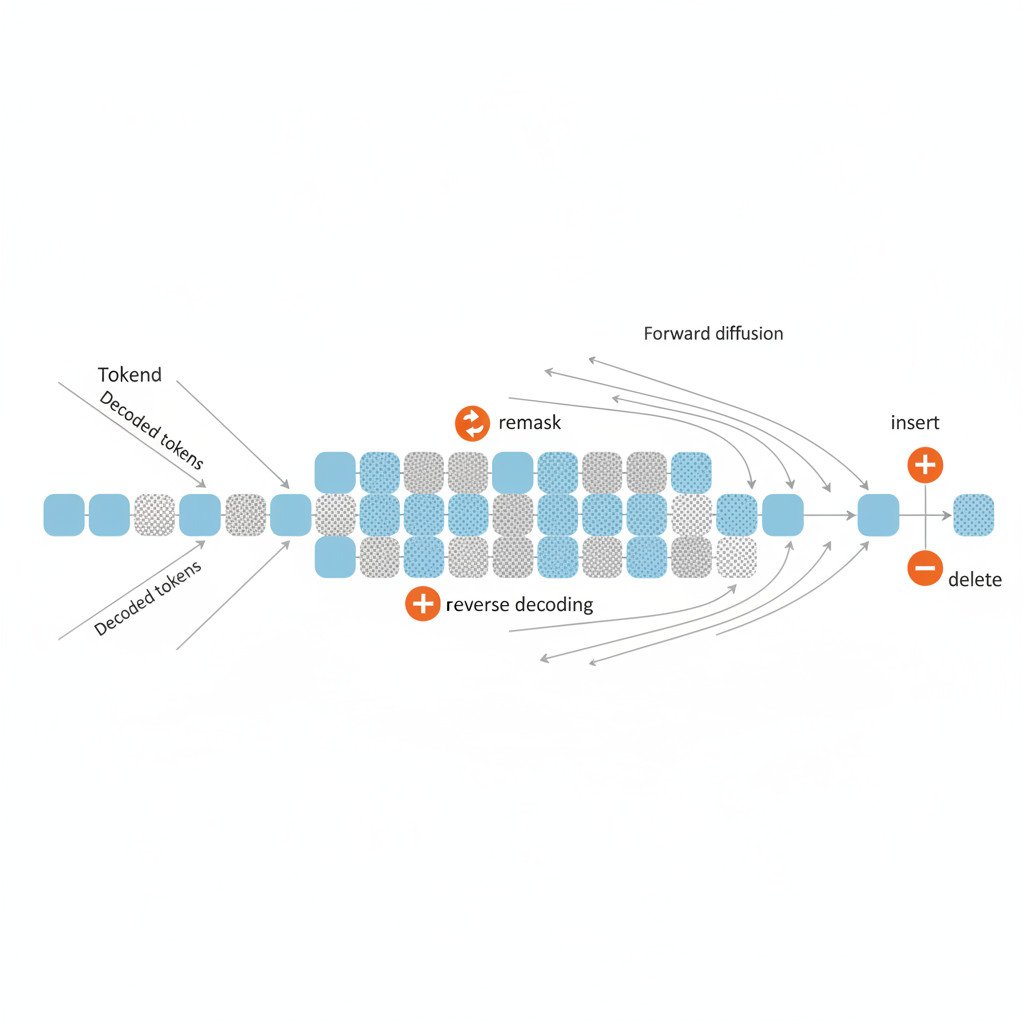 Conceptual illustration showing a horizontal sequence of tokens with masked and decoded states, arrows for diffusion direction, and small badges for remask insert delete operations