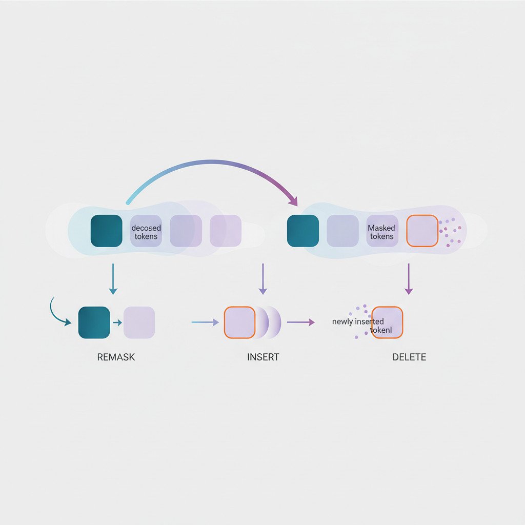 Abstract illustration showing decoded tokens, masked tokens, and remask insert delete operations along a sequence