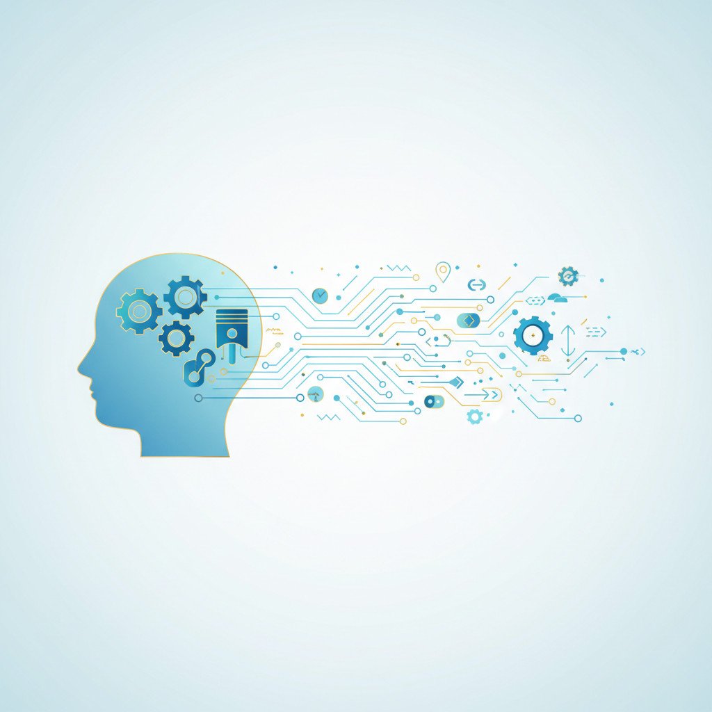 Human head silhouette with gears and digital elements flowing out to represent automation starting in the mind.