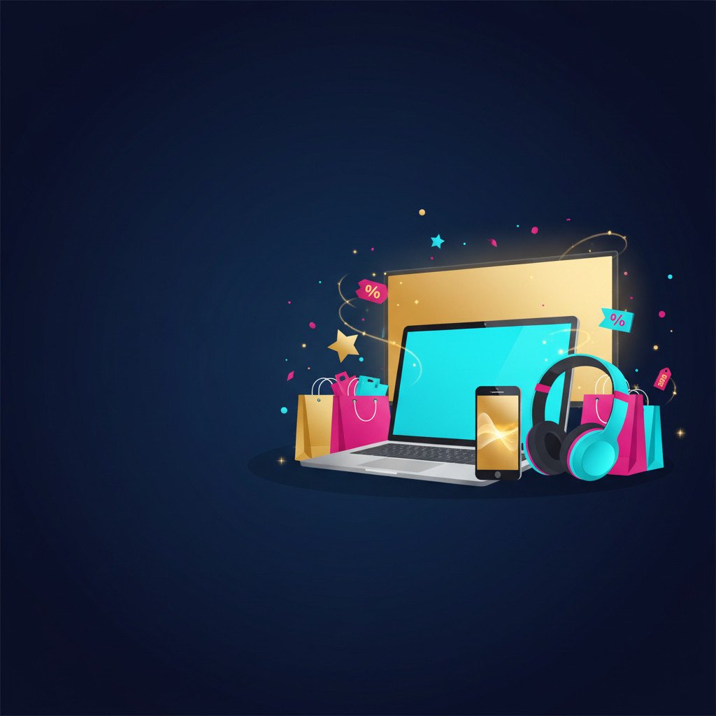 Colorful illustration of shopping bags, laptop, headphones, smartphone, and a TV silhouette with discount tags and confetti to evoke Black Friday excitement