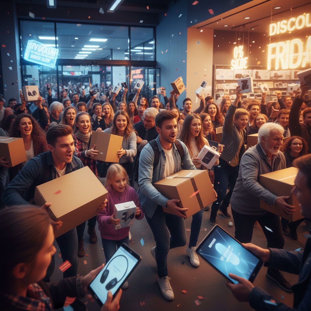Shoppers excitedly clutching headphones laptops and smartphones while moving through a brightly lit electronics store during Black Friday sales