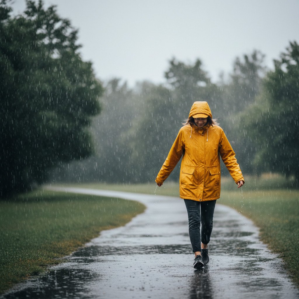 Person in rain jacket walking on a wet trail