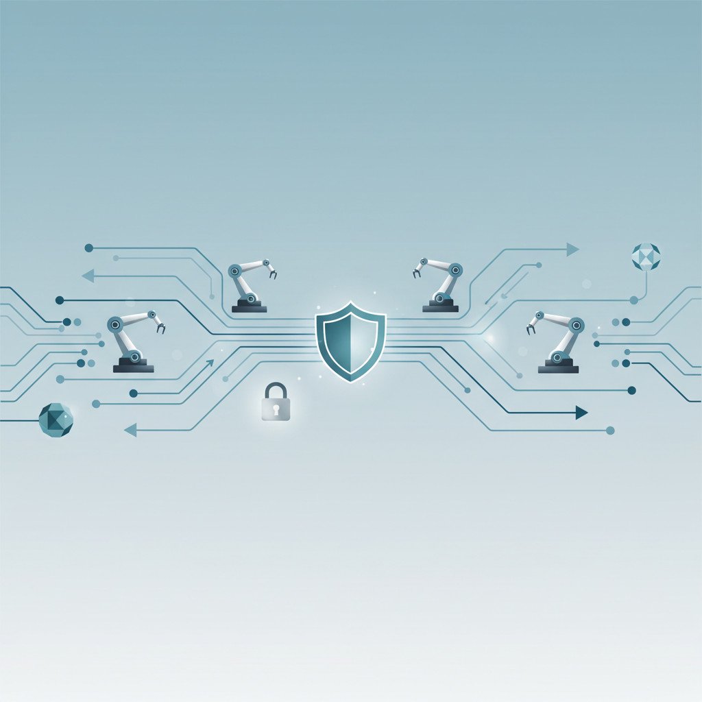 Abstract illustration of trusted agentic automation showing stylized mechanical agents, interconnected workflow nodes, and a subtle shield motif in blues and teals.