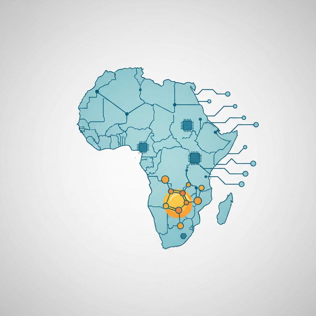 Illustration of the African continent silhouette with a digital brain overlay and AI circuit lines intertwined with a stylized Vitamin D molecule