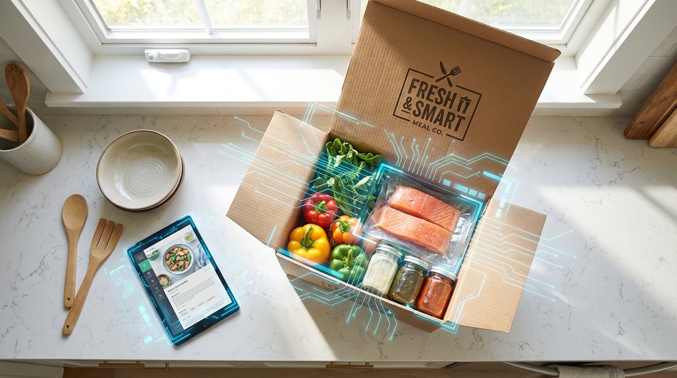 An AI-powered meal kit with fresh ingredients being prepared on a kitchen counter.