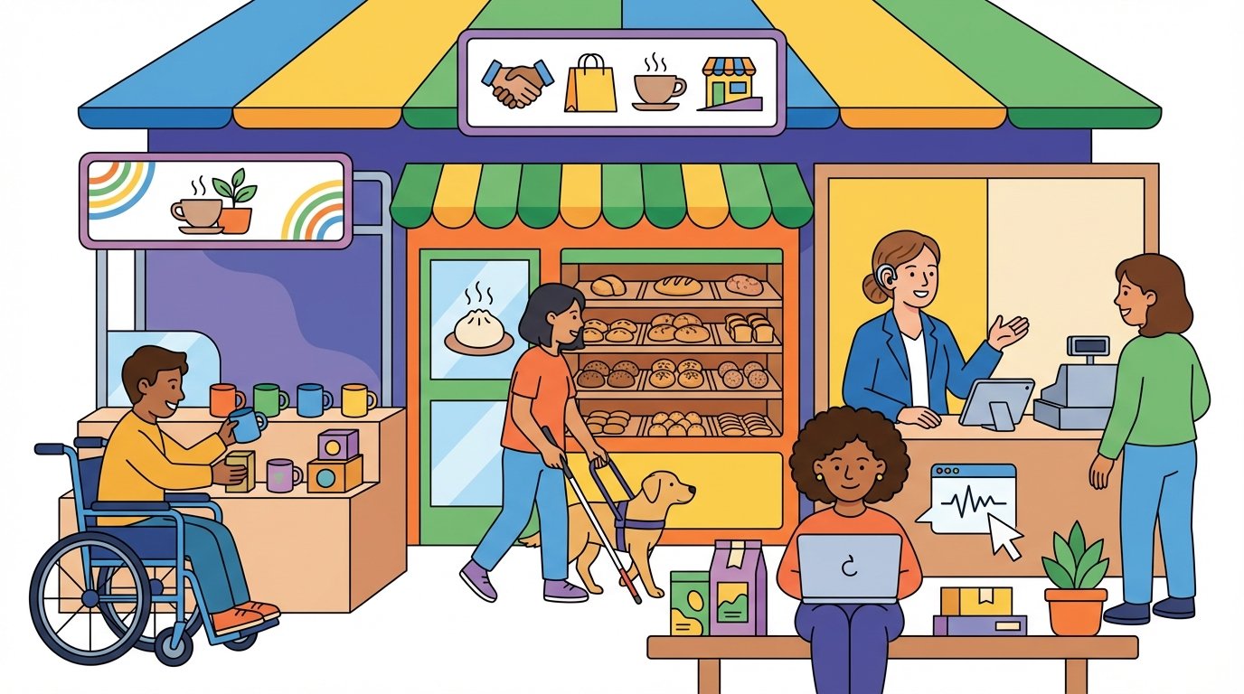 Vibrant illustration of diverse entrepreneurs, including a person in a wheelchair, a person with a guide dog, a person using assistive tech, and a person with a hearing aid, collaborating in shared micro-franchise storefronts.