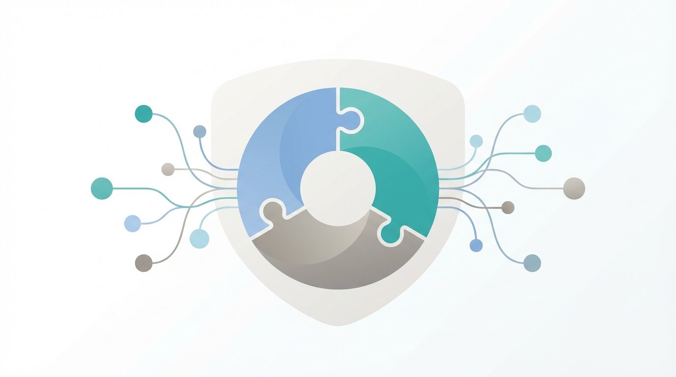 Three interlocking puzzle pieces with subtle network nodes and lines suggesting collaboration, open standards, and neutral stewardship under a foundation.
