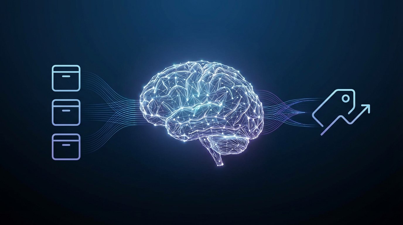 An abstract image showing an AI core in the center, connected by glowing lines to inventory boxes on one side and a dynamic price tag on the other, symbolizing AI driven inventory and pricing decisions.