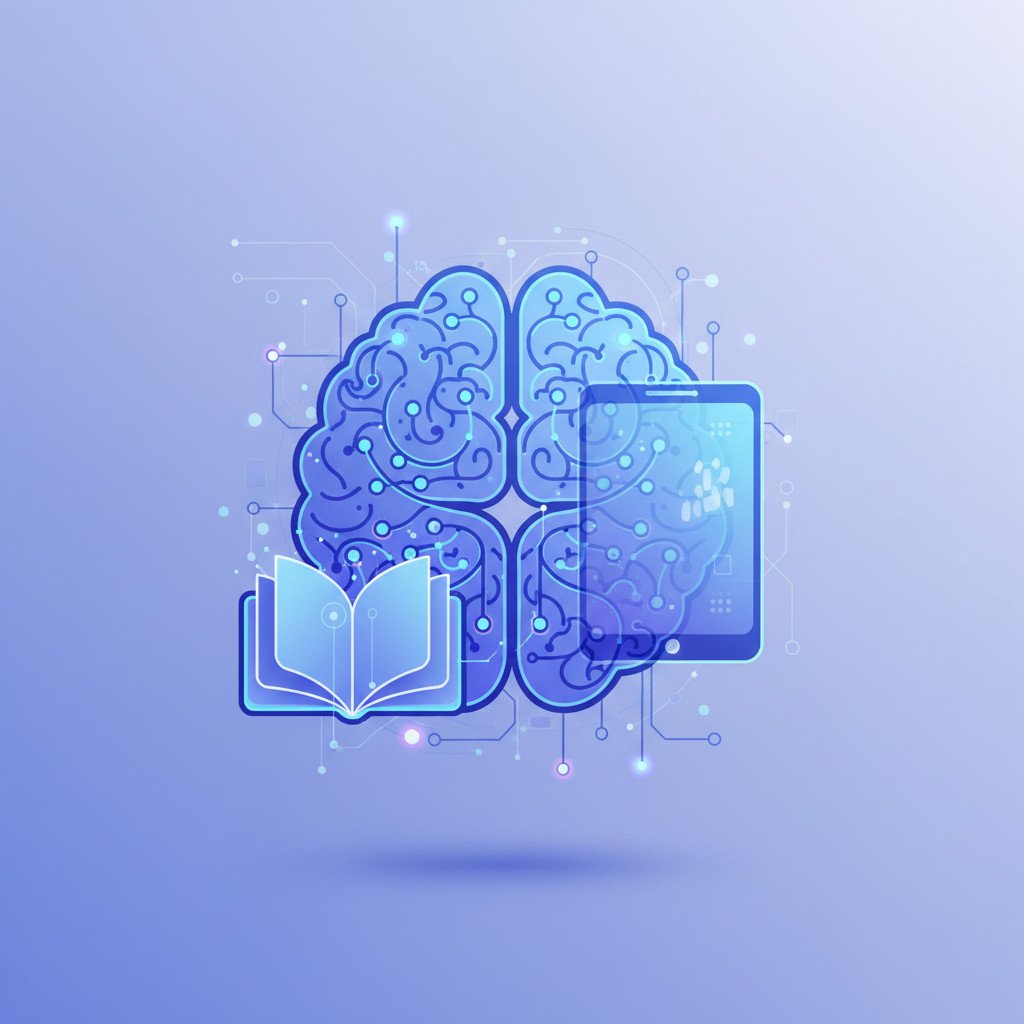 Abstract illustration of an AI brain network with integrated learning symbols like an open book and a slim digital screen, minimalistic, cool blue and purple gradients, no text.