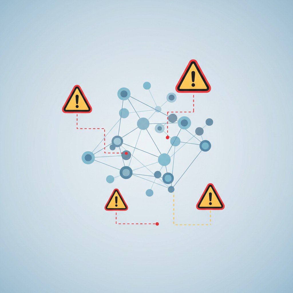AI neural network with warning symbols