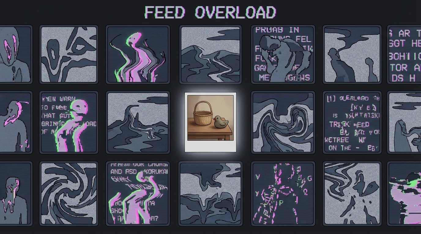 A visual representation of AI slop overwhelming a social media feed, with bizarre AI images crowding out a single authentic photo.