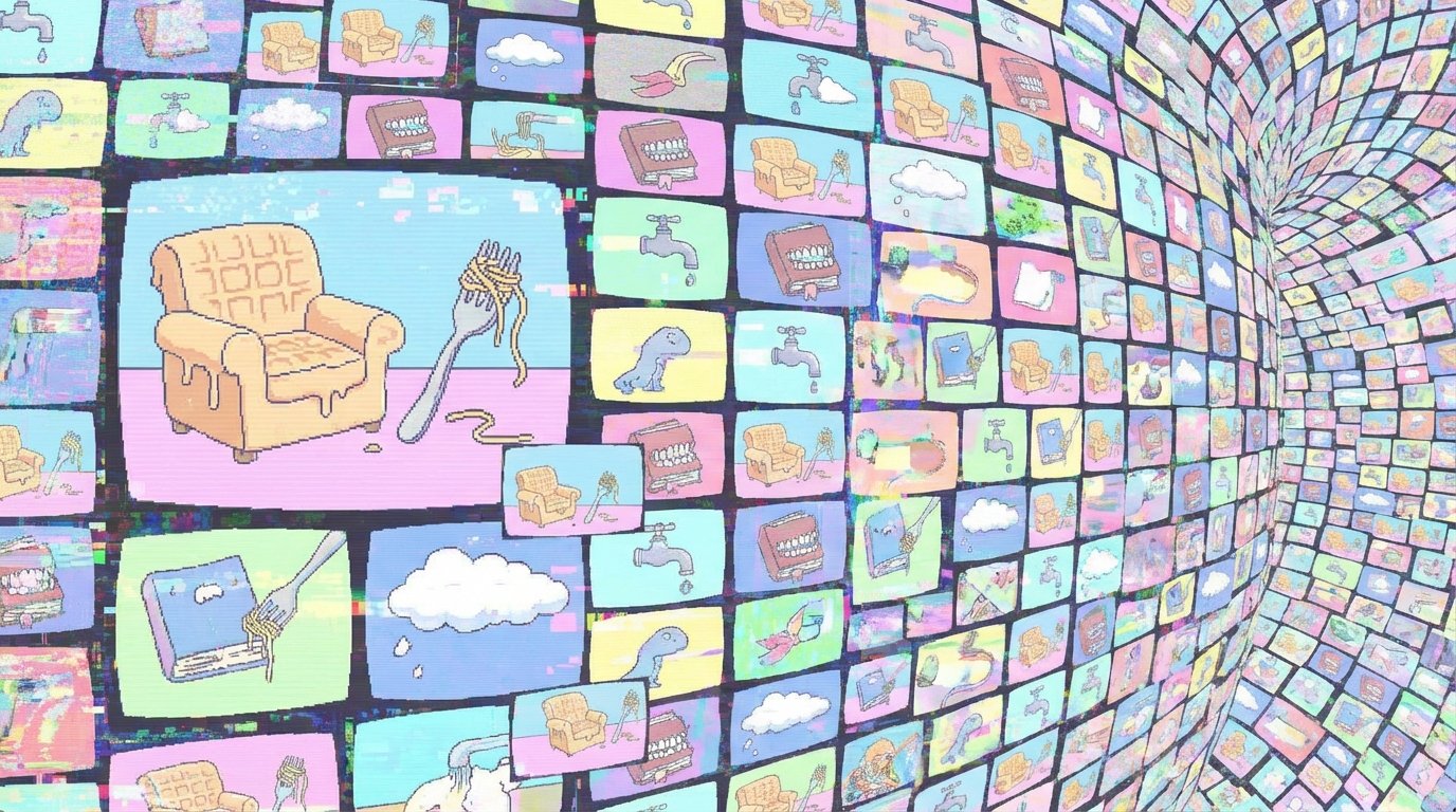 A chaotic and surreal grid of bizarre, distorted AI-generated images, symbolizing the overwhelming nature of AI slop.