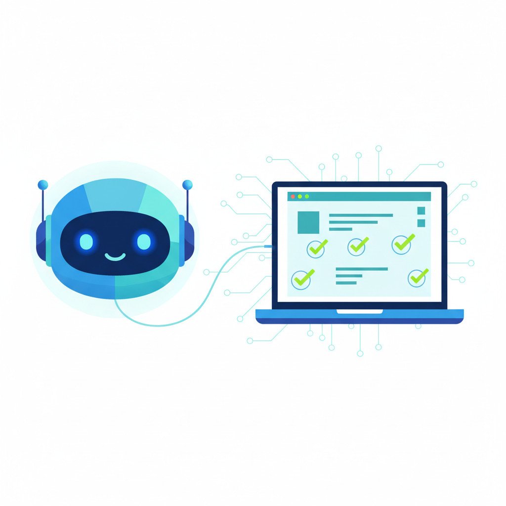 Minimal illustration of an AI avatar linked to a laptop with UI elements and passing checkmarks, subtle neural network pattern in background, blue teal palette with lime green accents.