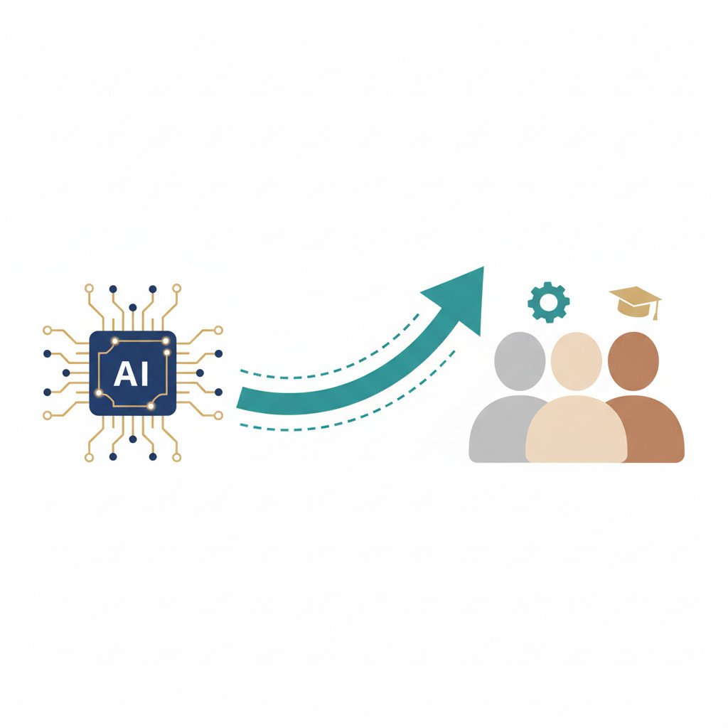 Illustration of a stylized AI neural node cluster connected by an upward growth arrow to three diverse human figures, with subtle gear and graduation cap icons near the people to evoke reskilling and planning for future growth.