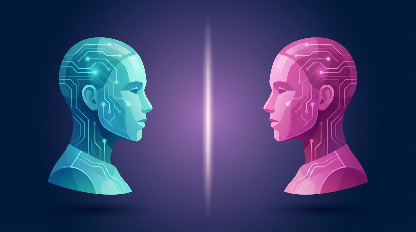 Two flat-3D AI avatars facing each other, teal-blue left avatar and magenta-pink right avatar, neural circuit motifs, gradient navy to purple background, no text