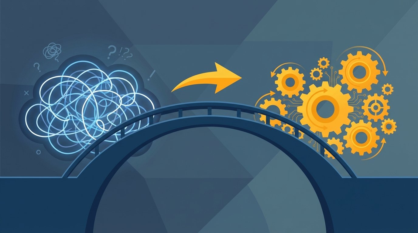 A bridge connecting the chaos of AI hype to the structure of practical enterprise value, symbolizing enterprise AI adoption in 2026.