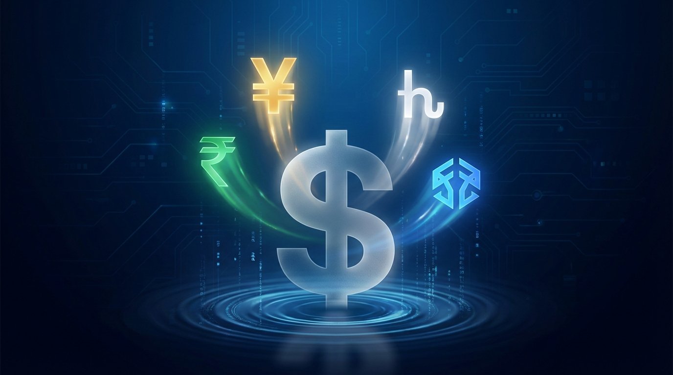 A symbolic representation of the global currency shift, with a fading US dollar symbol and rising symbols of other world currencies and stablecoins.