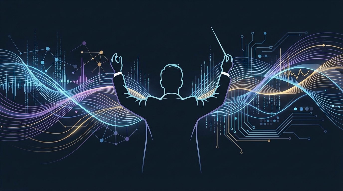 An orchestral conductor guiding AI automation