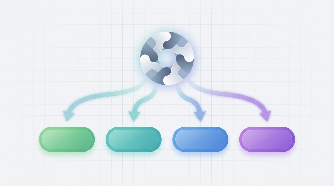 Simplified conceptual flowchart showing a central server icon routing to four color coded tier nodes (green, teal, blue, purple) representing Free, Go, Plus, and Pro users with arrows indicating flow