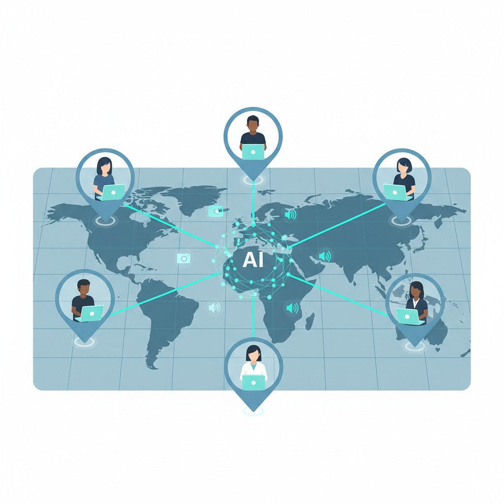 Illustration of diverse gig workers at laptops connected to a central AI network hub with camera and audio symbols