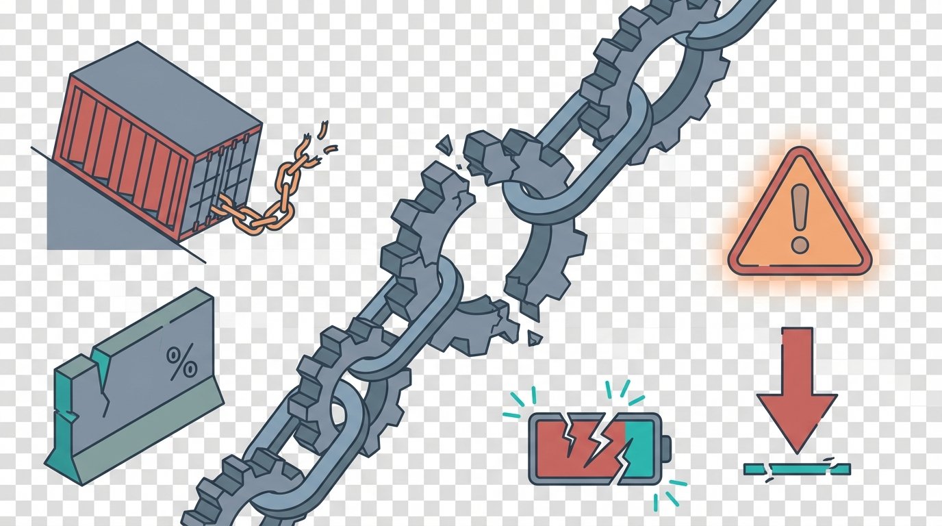 Illustration of a cracked gear chain surrounded by a tilted shipping container, tariff barrier block, warning triangle, downward arrow, and cracked battery symbol, using a limited color palette to symbolize supply chain failure, tariff pressures, product recalls, and investment shortfalls.