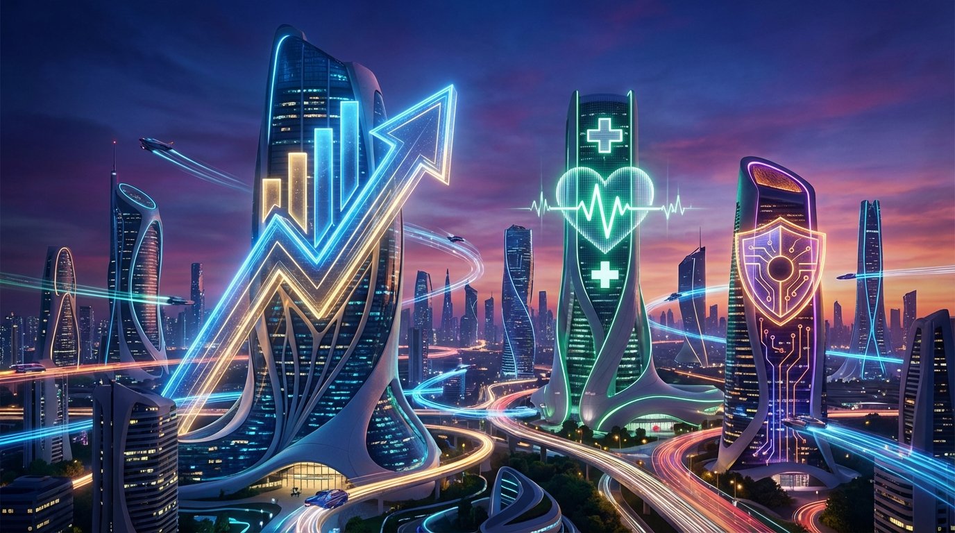 A futuristic city skyline representing the tech startup and innovation landscape, with glowing icons for fintech, healthtech, and security.
