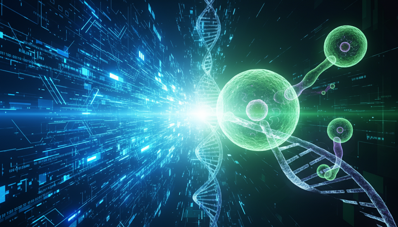 Digital data and biological cell merge in a futuristic display