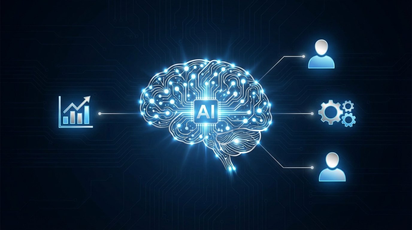 An abstract representation of agentic AI, showing a glowing blue brain connecting to business icons like charts and gears, symbolizing autonomous decision making in 2026.
