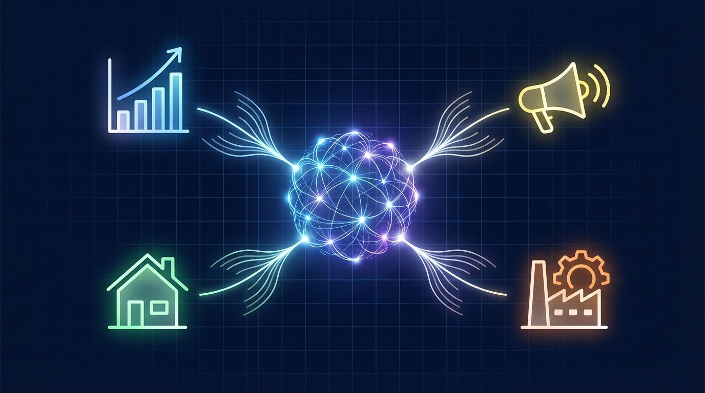 A central AI hub autonomously managing icons for sales, marketing, manufacturing, and real estate, illustrating the concept of Agentic AI in business.