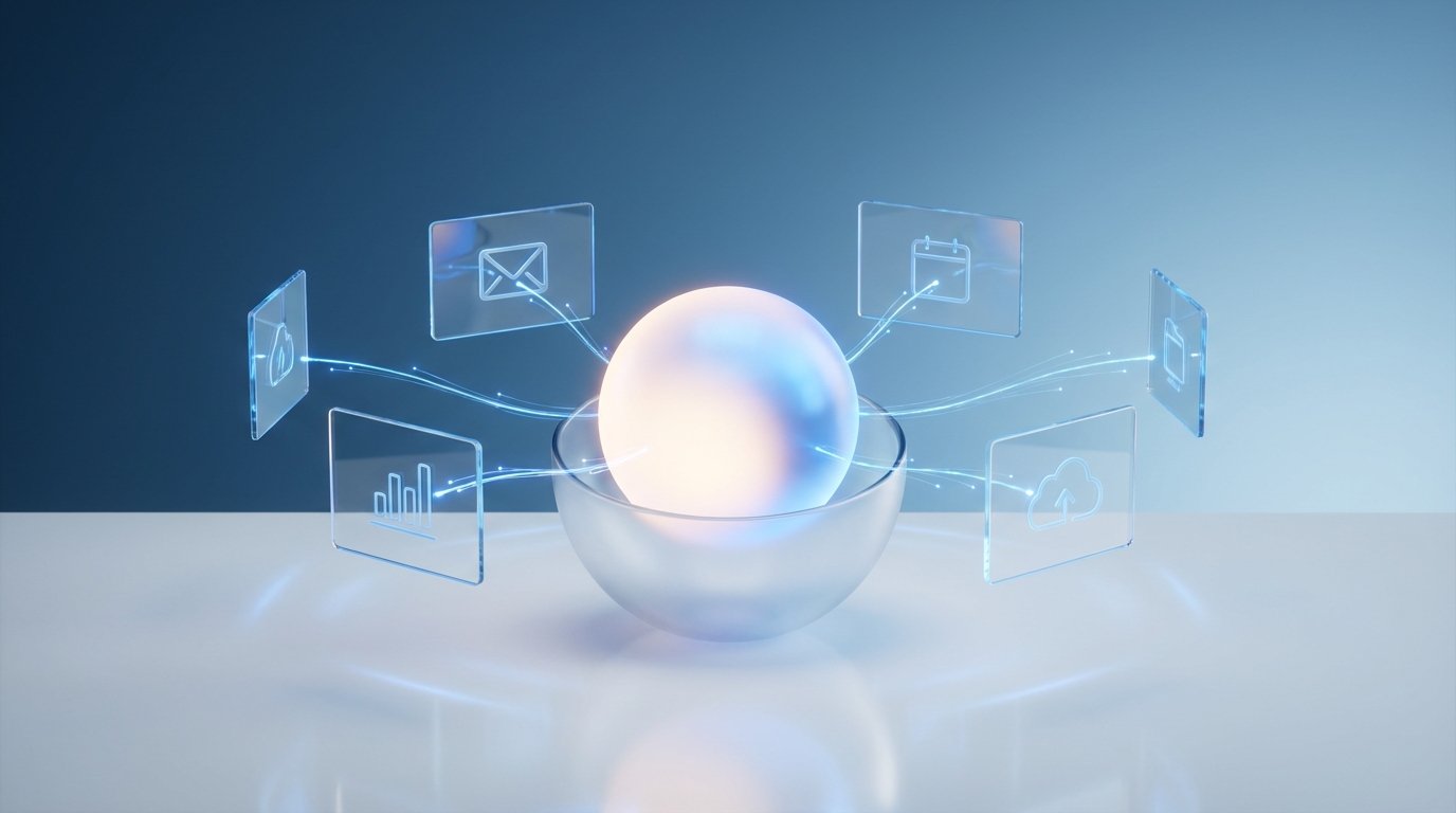 An AI agent autonomously orchestrating tasks across multiple enterprise applications, symbolizing streamlined UI automation.