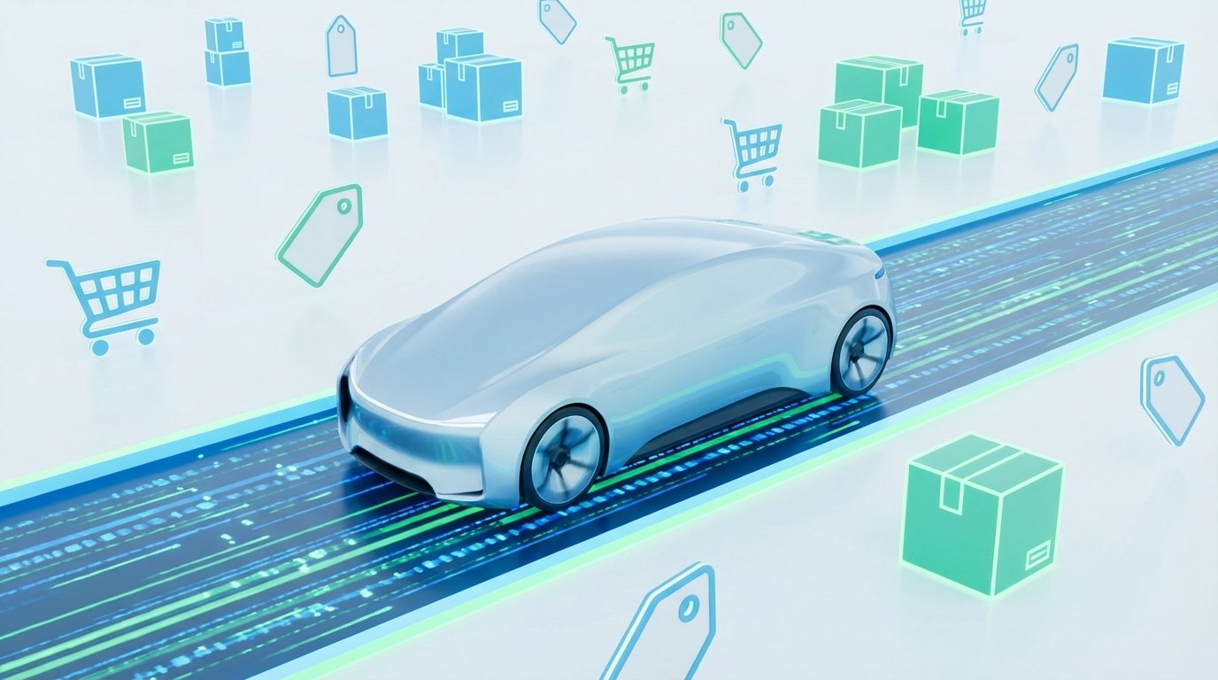 A stylized self driving car representing agentic automation in a retail environment.