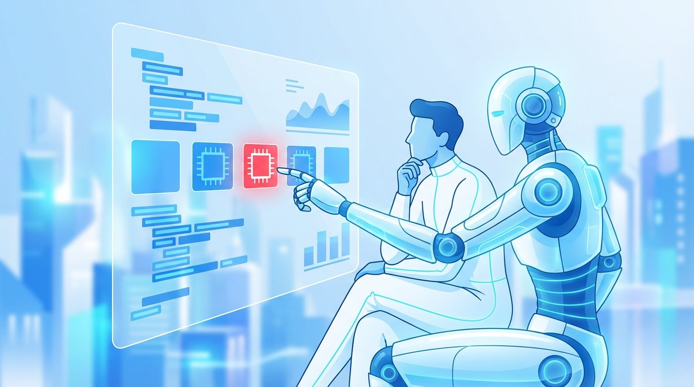 An illustration of a human engineer and an AI agent collaborating on software testing, symbolizing agentic testing.