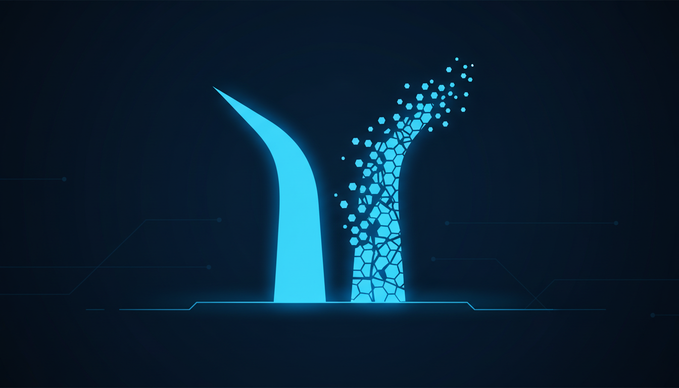 A minimalist digital icon of a split path in a dark blue futuristic environment, representing the dual nature of AI agents.