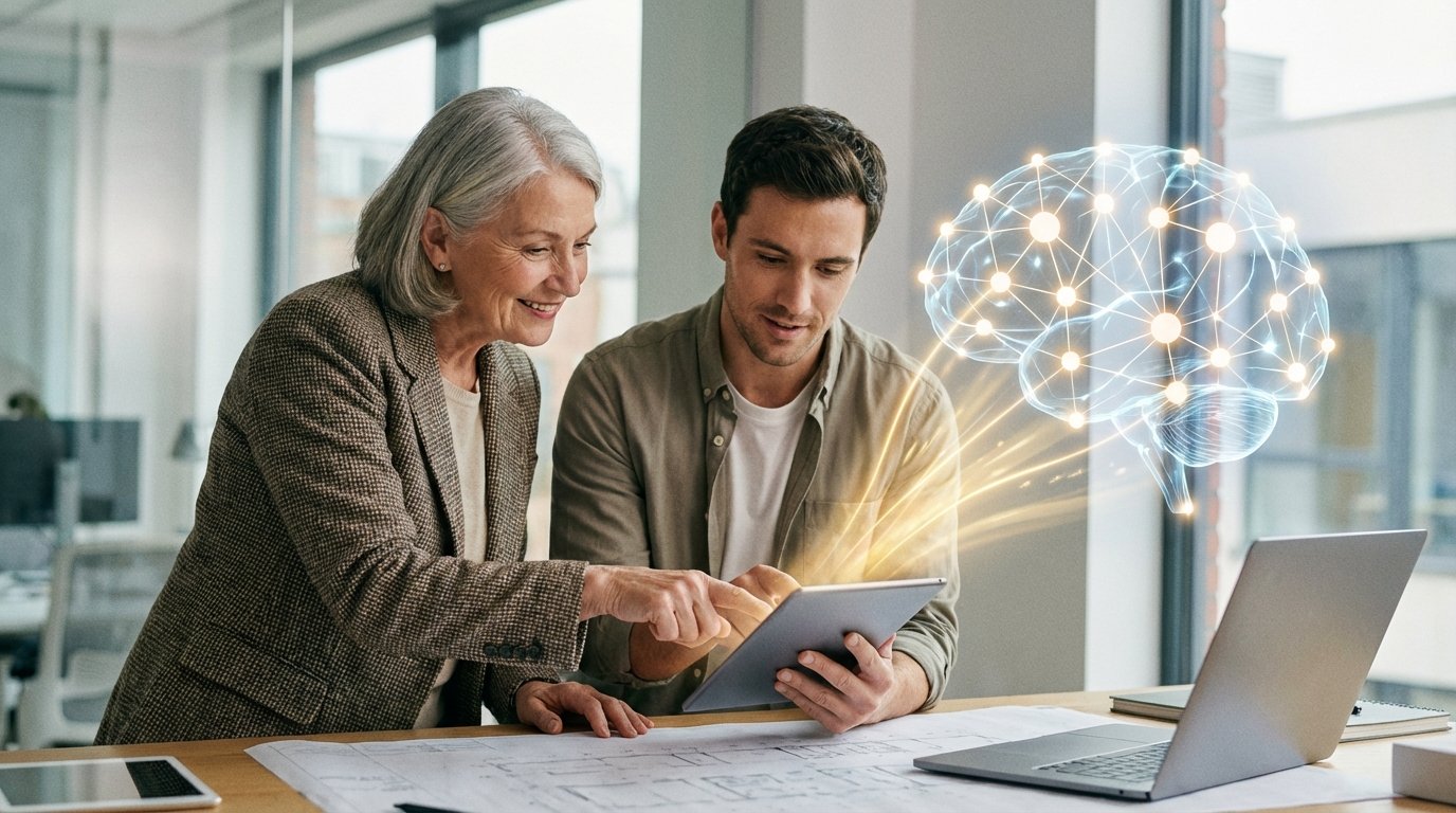 An image symbolizing AI integration preserving institutional knowledge from an aging workforce, with an experienced employee and a younger one collaborating as an AI network absorbs their expertise.