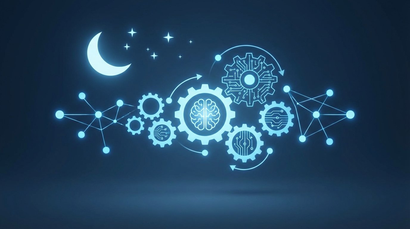 An illustration of an AI brain connected to automated workflow gears operating at night under a crescent moon, symbolizing AI automation that works while you sleep.