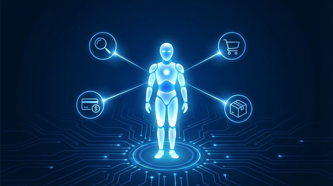 An abstract illustration of an AI agent at the center of a commerce workflow. The AI, a glowing figure, is connected by lines of light to icons representing search, a shopping cart, payment, and delivery.