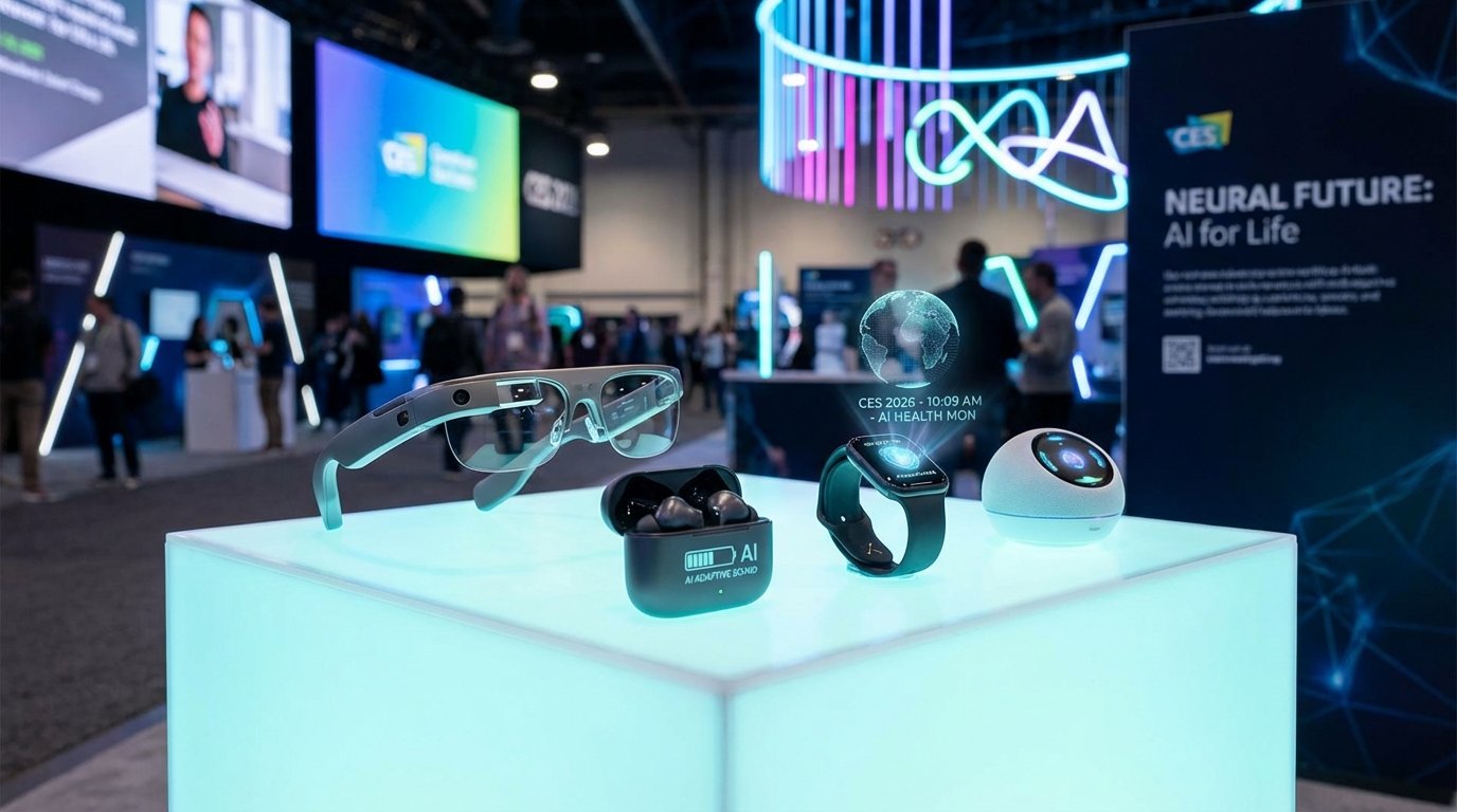 A collection of AI powered consumer devices, including smart glasses and wearables, displayed in a futuristic setting at CES 2026.