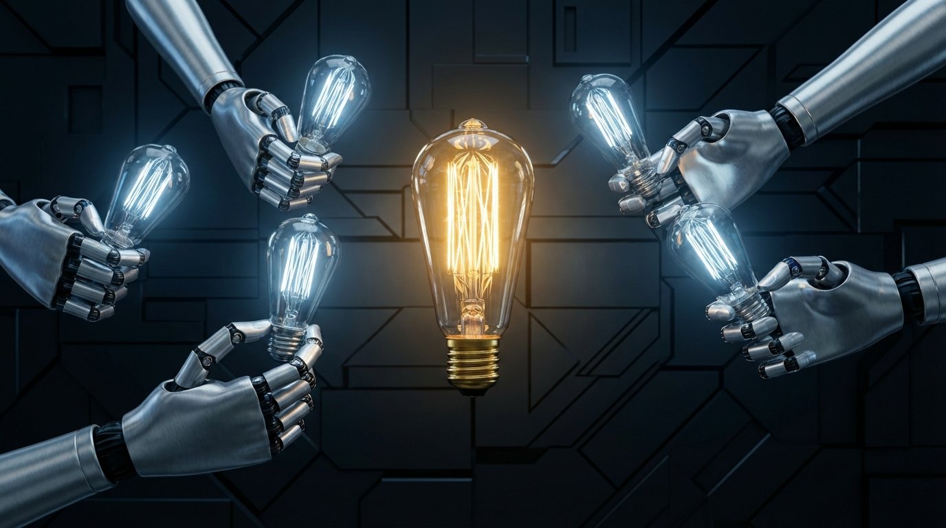 A central, glowing lightbulb symbolizing an original idea is surrounded by robotic arms, each holding an identical copy, representing the AI copycat economy.