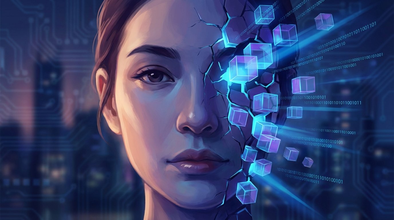 A visual representation of AI digital manipulation, showing a face fracturing into pixels to symbolize the creation of deepfakes.