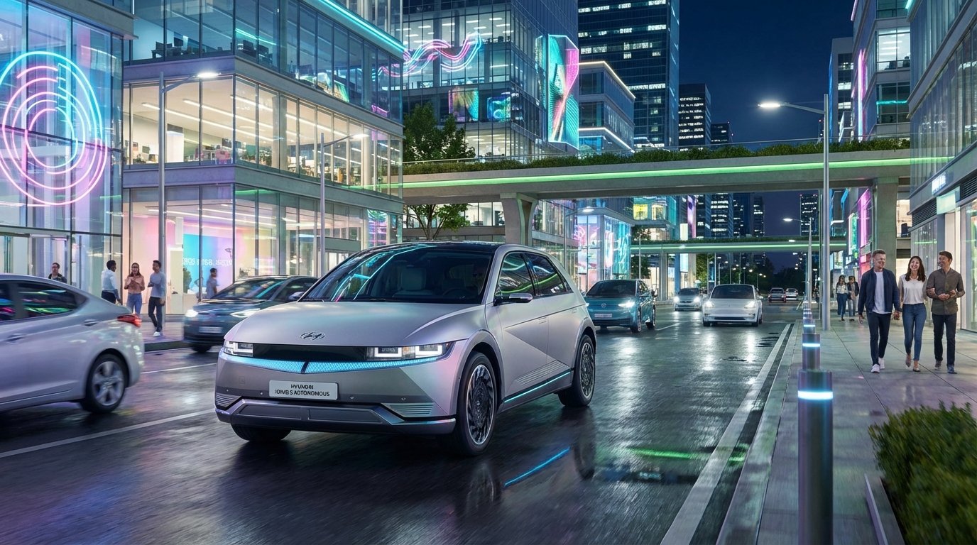 A sleek, futuristic robotaxi navigates a glowing city street at night, symbolizing the dawn of a new era in urban transportation.