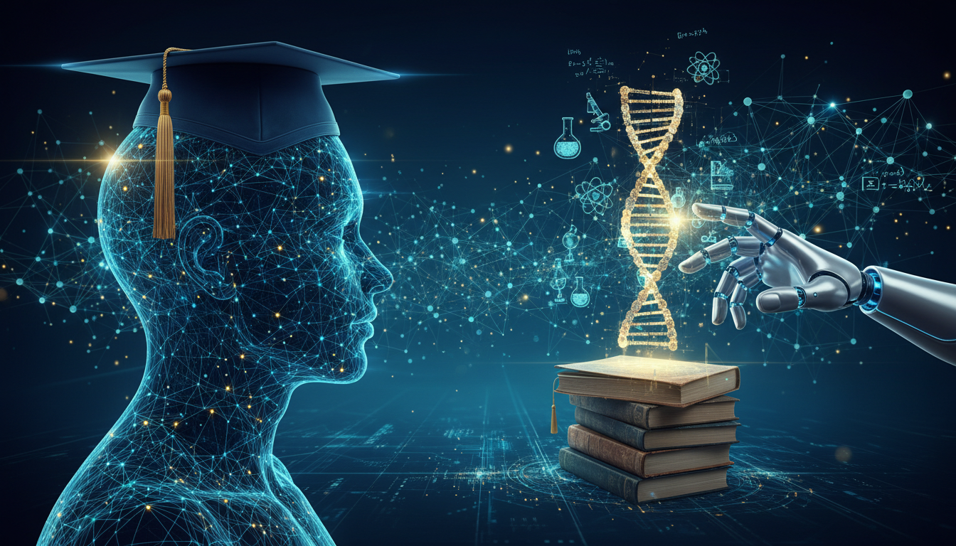 A digital visualization of AI impacting education and research showing books, a graduation cap, and neural networks.