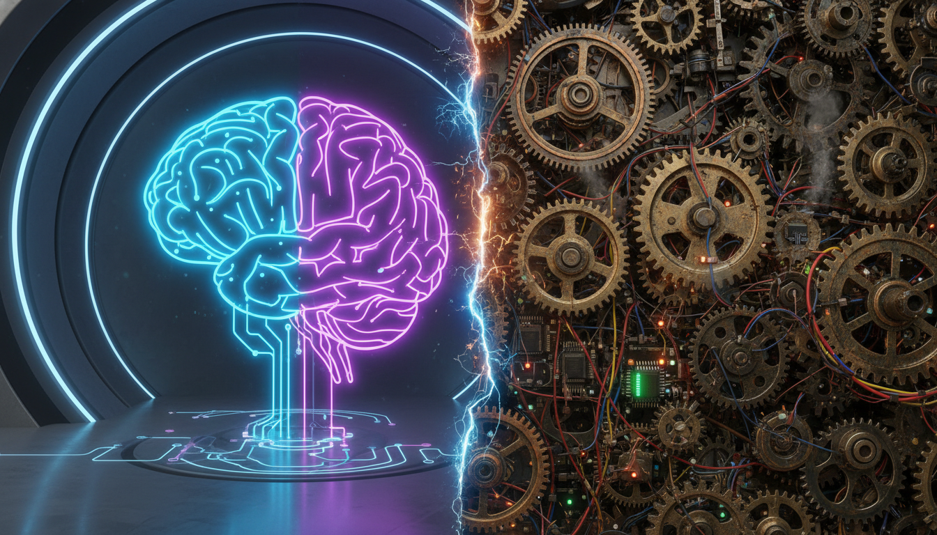 A digital illustration split in two, contrasting a glowing futuristic brain on one side with complex mechanical gears and wires on the other.