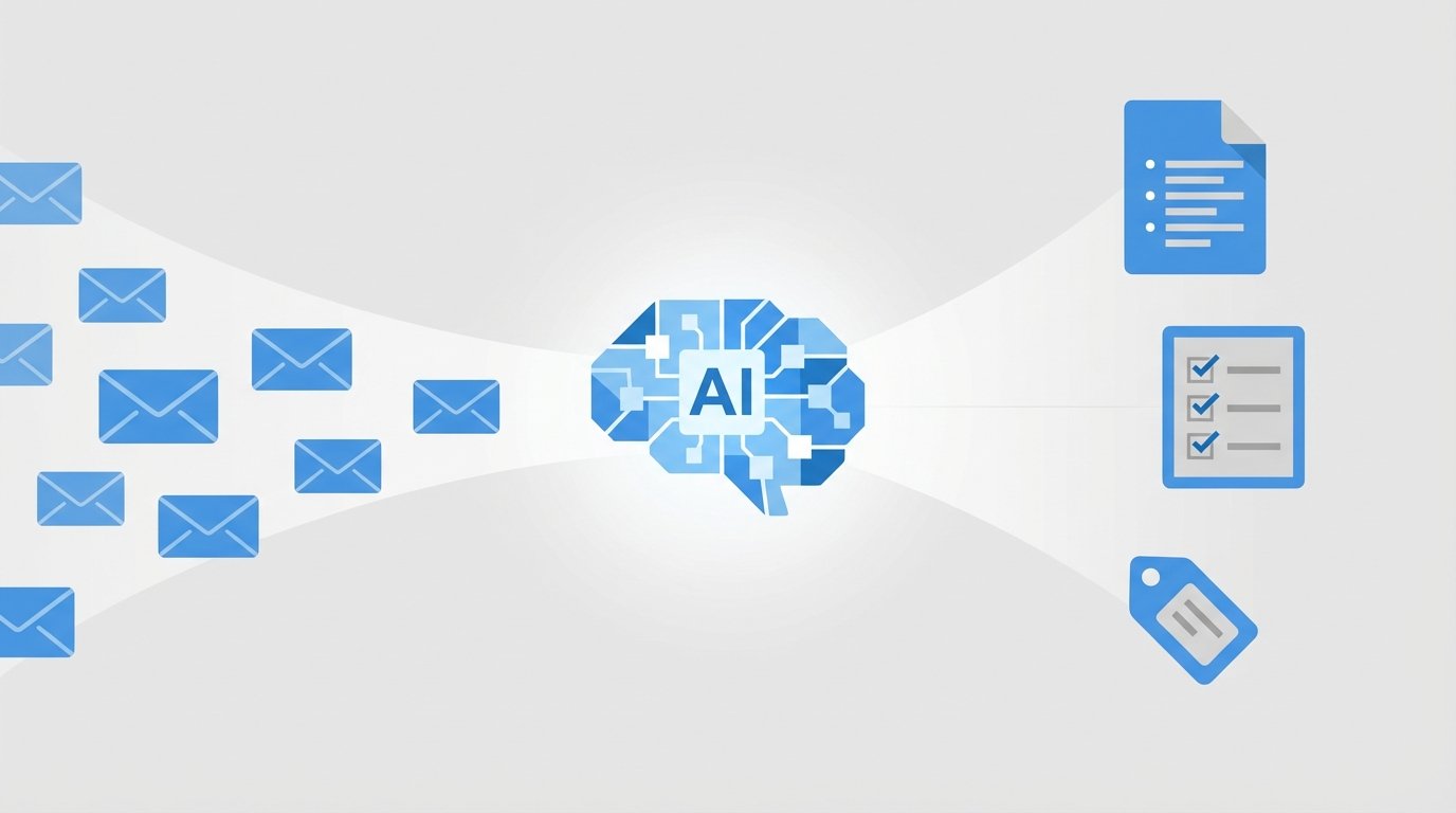 A conceptual illustration of the AI Inbox in Gmail. Email icons flow into a central AI processor, which then outputs a summarized document, a to do list, and key topic tags.