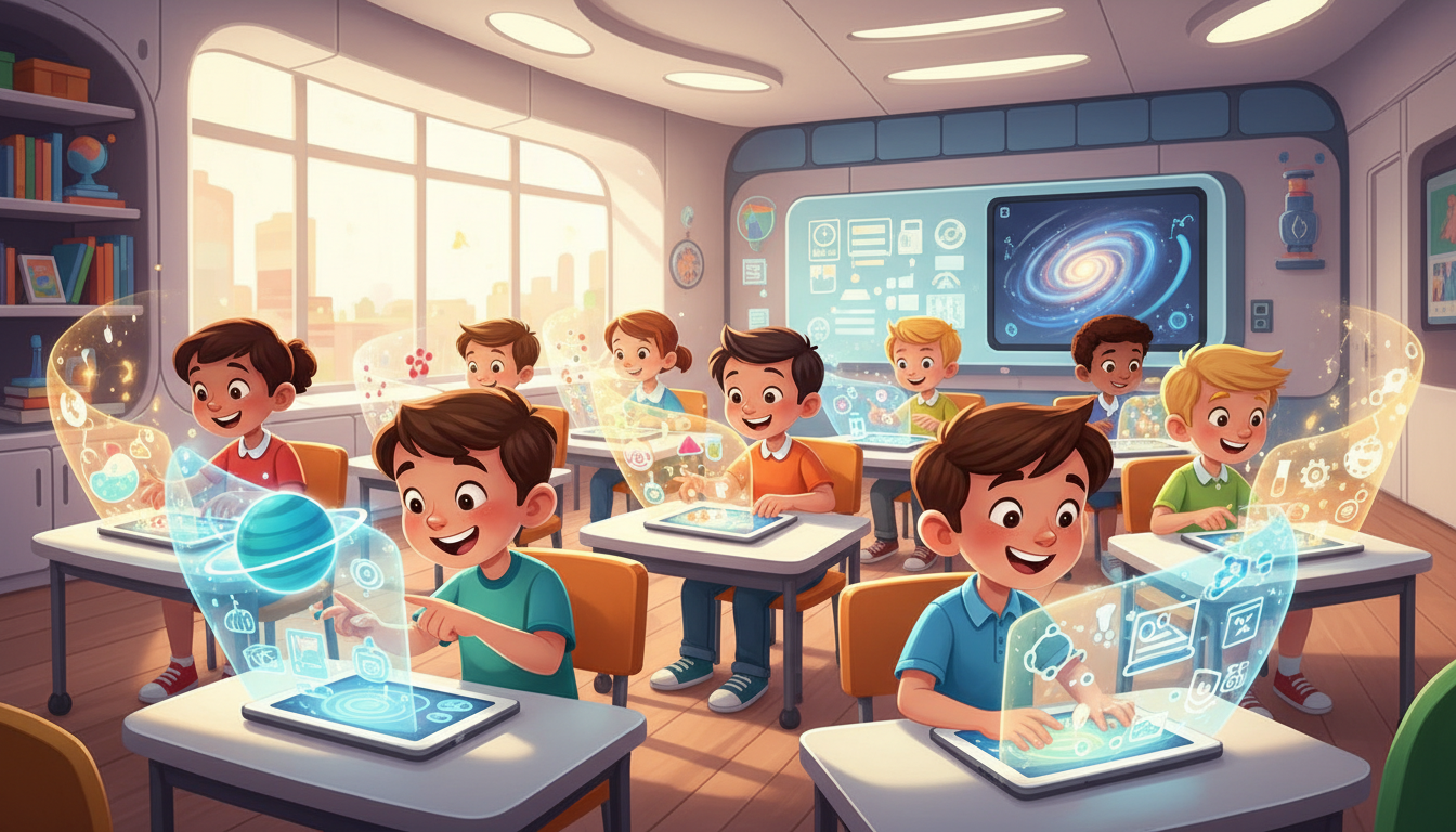 Children interacting with an AI powered learning app on tablets in a vibrant educational setting