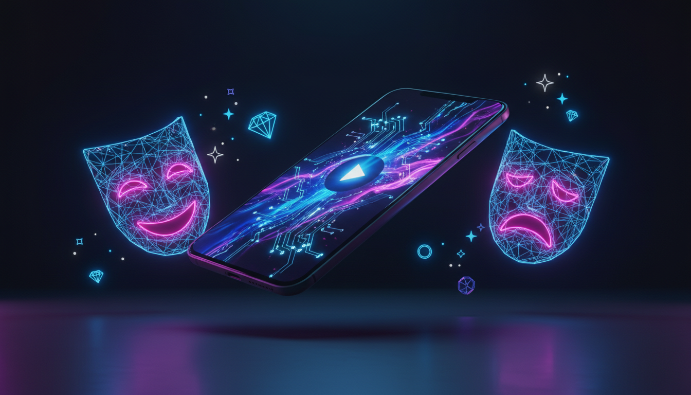 A futuristic smartphone displaying a vertical video with glowing AI patterns and digital drama masks.
