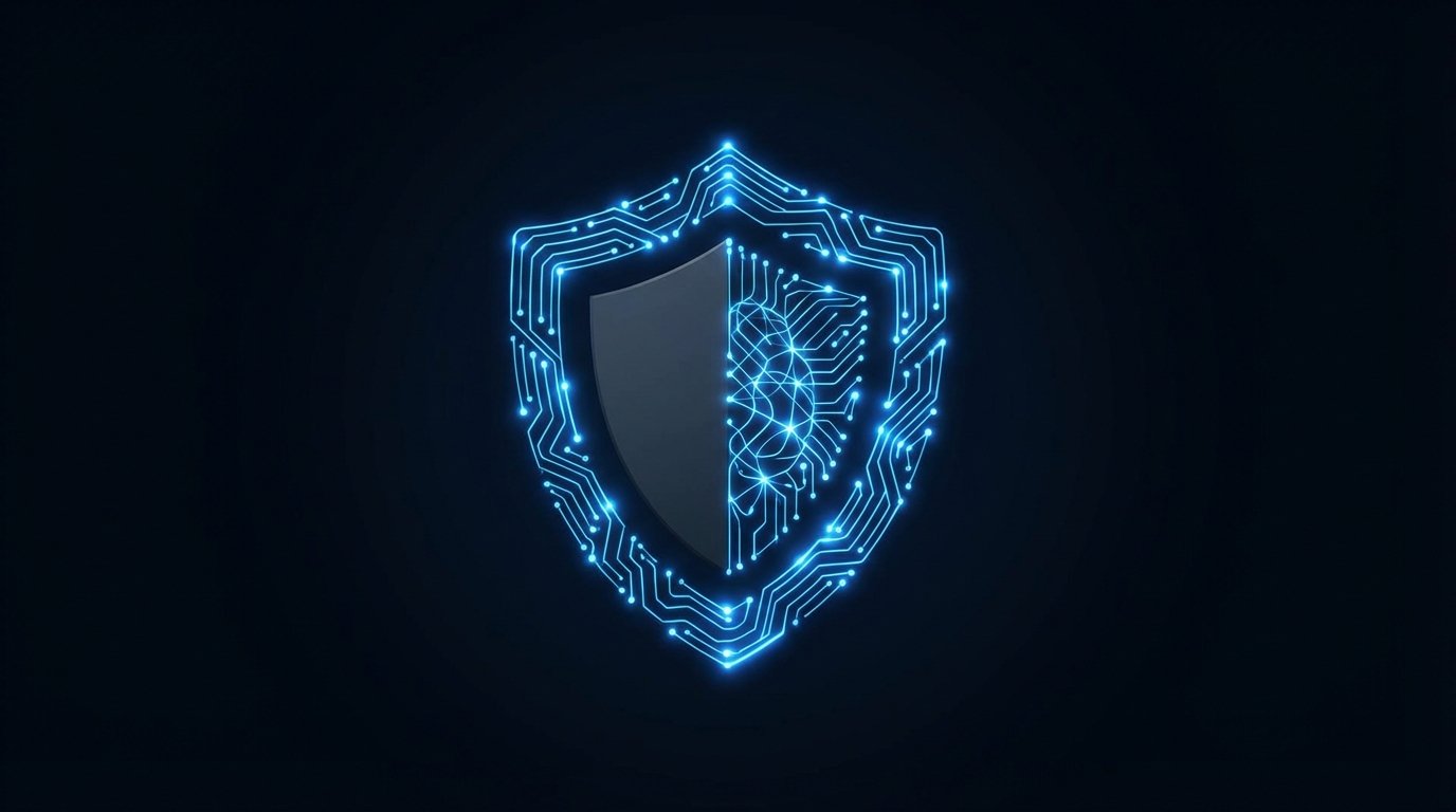 A symbolic image showing blue AI circuits merging with a military shield, representing the collaboration between AI companies and the defense sector.